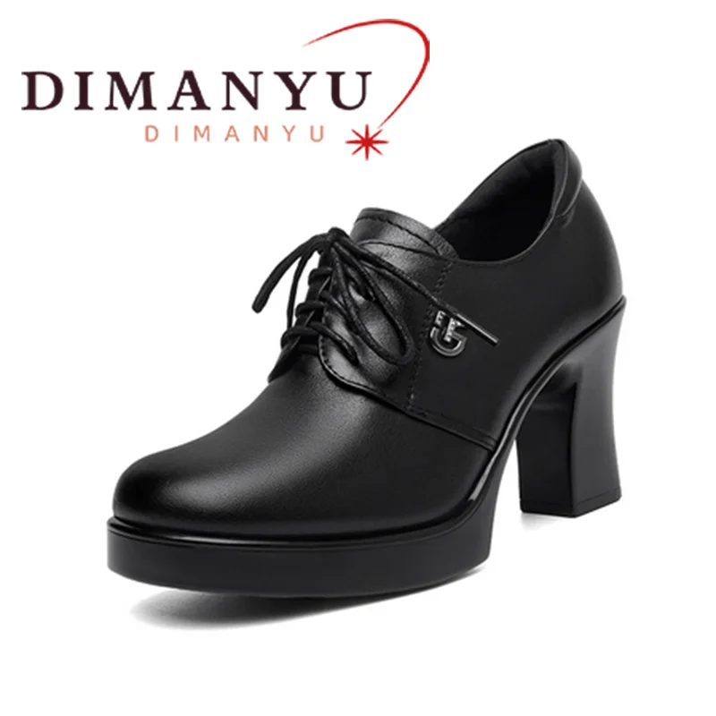 

DIMANYU High Heels Women's Genuine Leather 2024 Autumn New Round Head Women's Dress Shoes British Style Lace up Women's Shoes