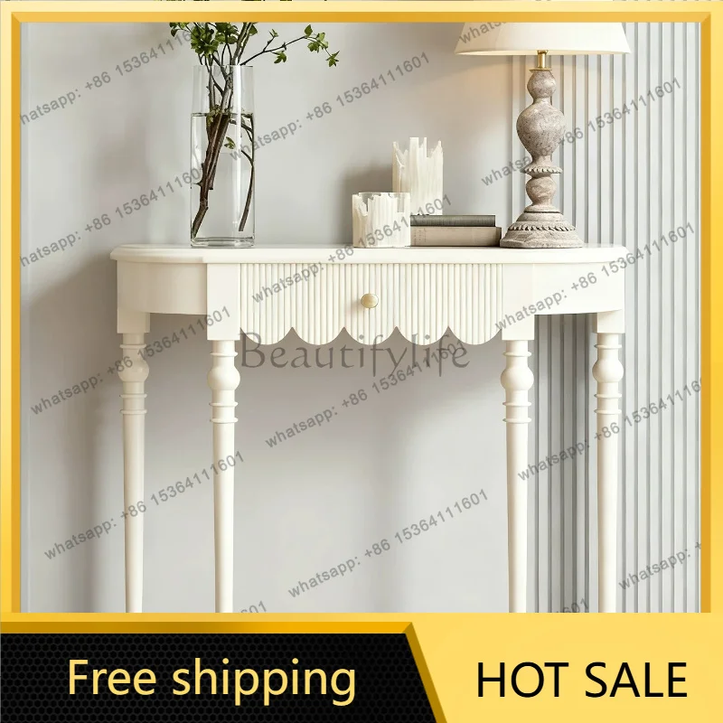 Zj. French retro semicircular entrance table ivory white lace decorative storage table
