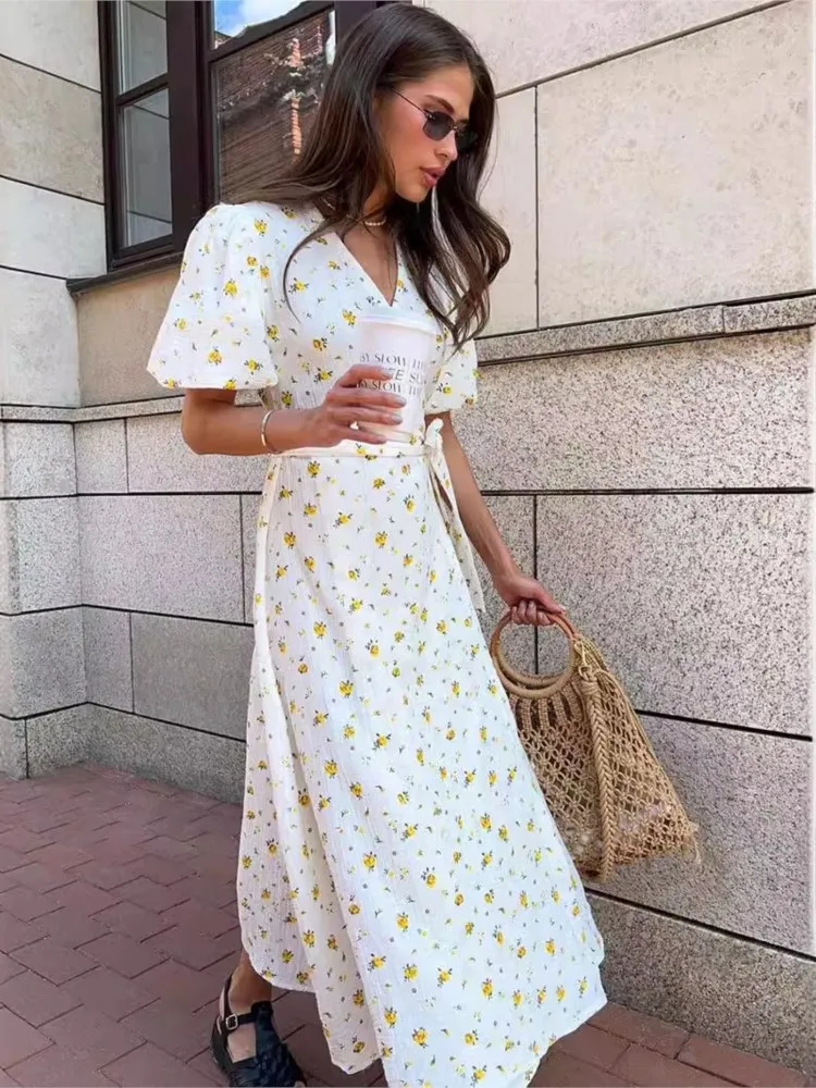 Cotton Fresh Sweet Women Summer Dresses Floral Print A-line Midi Dress With Side Slits Long Elegant White Vestidos For Women2024