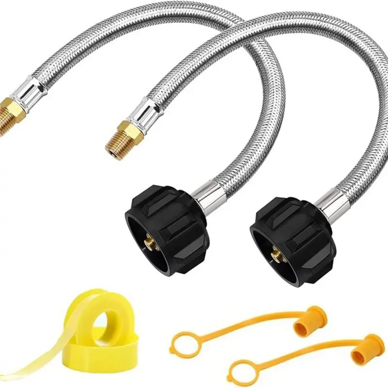 AB66-الفولاذ المقاوم للصدأ مضفر لمنظم مرحلتين 2-Pack 1/4 NPT RV خرطوم البروبان، 15 بوصة لموصل ضفيرة خزان البروبان