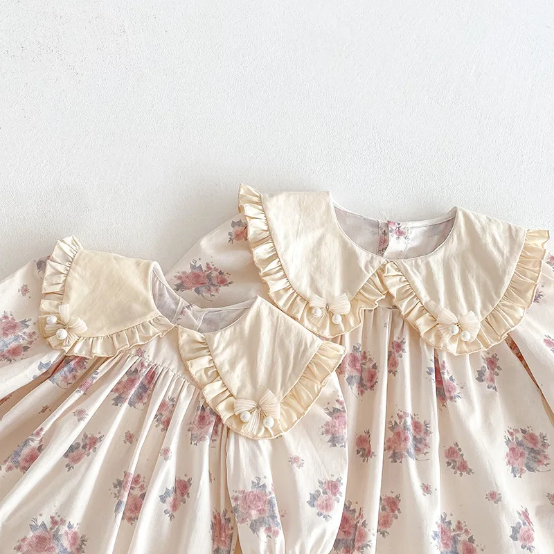Little Sister Big Sister Matching Flower Print Outfit with Big Collar Twins Baby Cotton Clothes Infant Romper Kids Girls Dresses