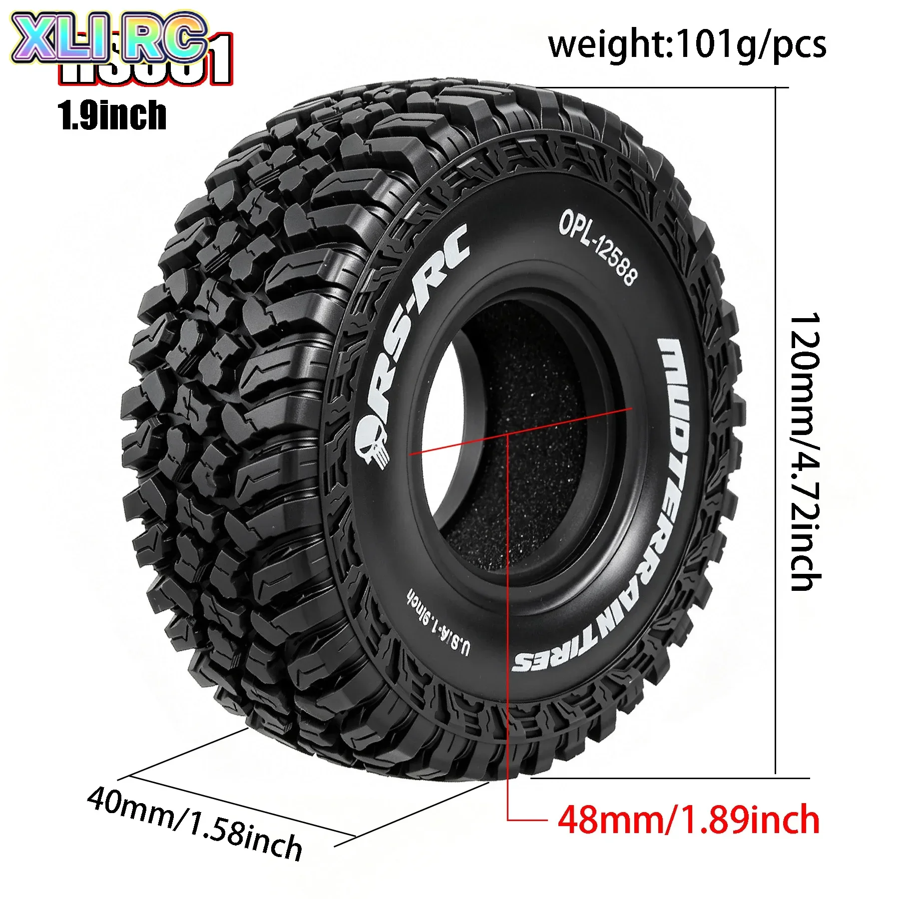 4pcs1.9 Inch Rubber Tyre Outer Diameter 120*40mm for 1/10 RC Crawler Car FCX10 TRX4 D90 Trax SCX10 Pro Gen8 VS4-10