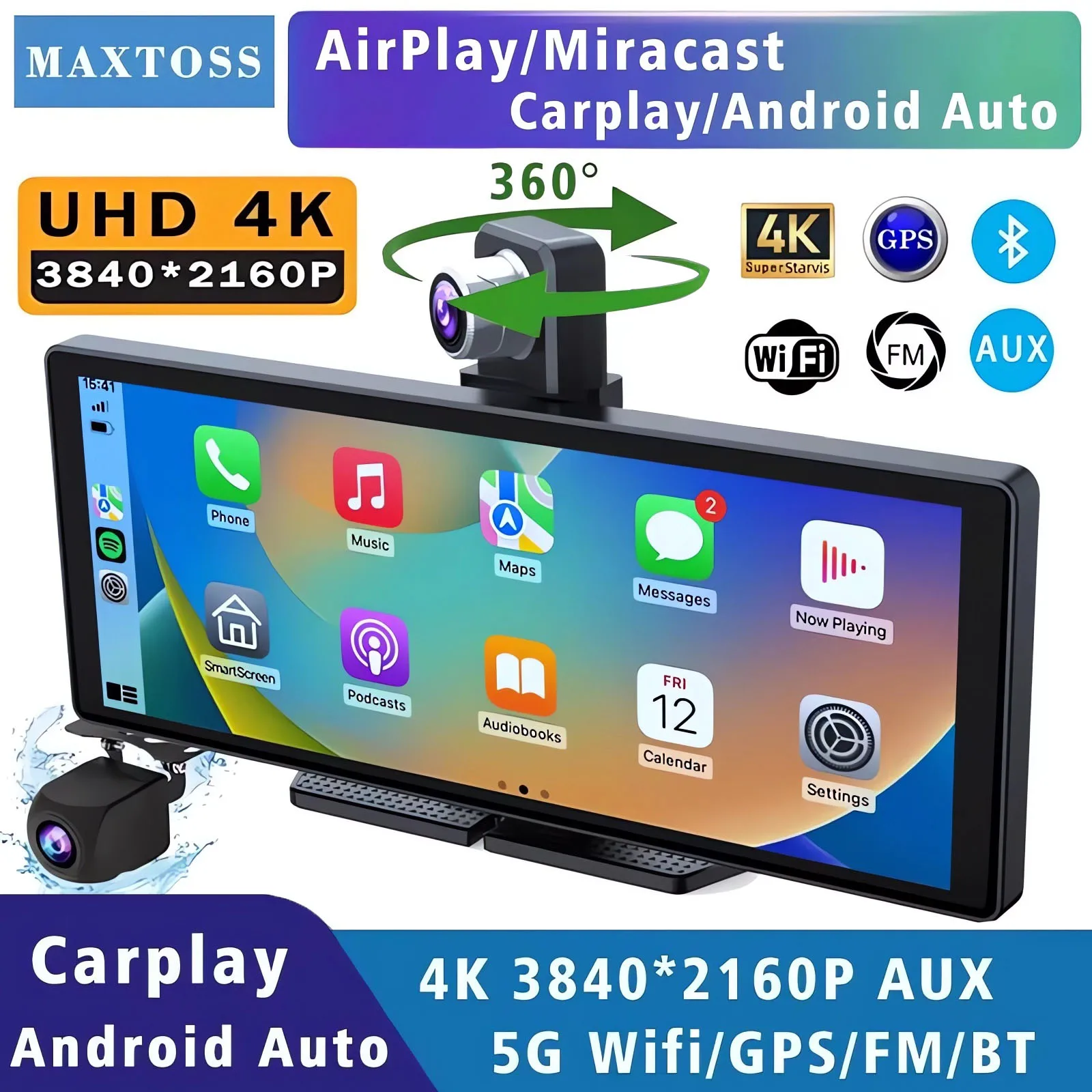 4K 2160P Dash Cam Carplay Android Auto GPS 5G WIFI FM BT Car Dvr 360 ° Rotation Dual Lens Dashcam Truck Camera Drive Recorder
