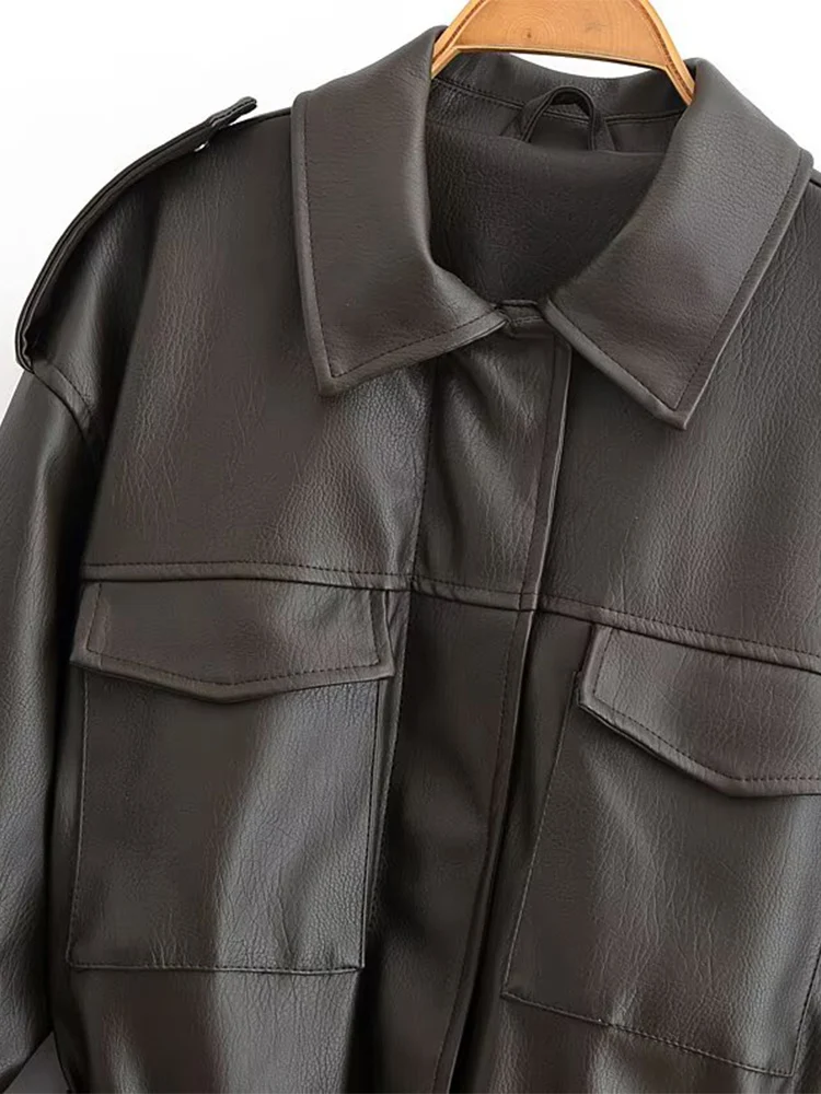 Estilo europeu nova moda feminina versátil temperamento cinto lapela decorativa jaqueta de couro de comprimento médio