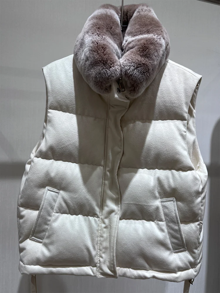 Women Winter Cashmere Wool Sleeveles Vest Rex Rabbit Fur Collar Goose Down Waistcoat Jacket Thick Female Outwear Puffer Coat