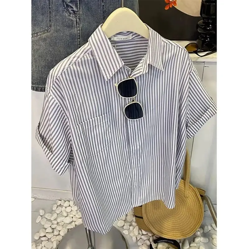 Summer Striped Shirts Blouse For Women Y2k Retro Cotton Shirts Female Clothes Pullovers Outerwear Sweatshirts Casual Ladies Tops