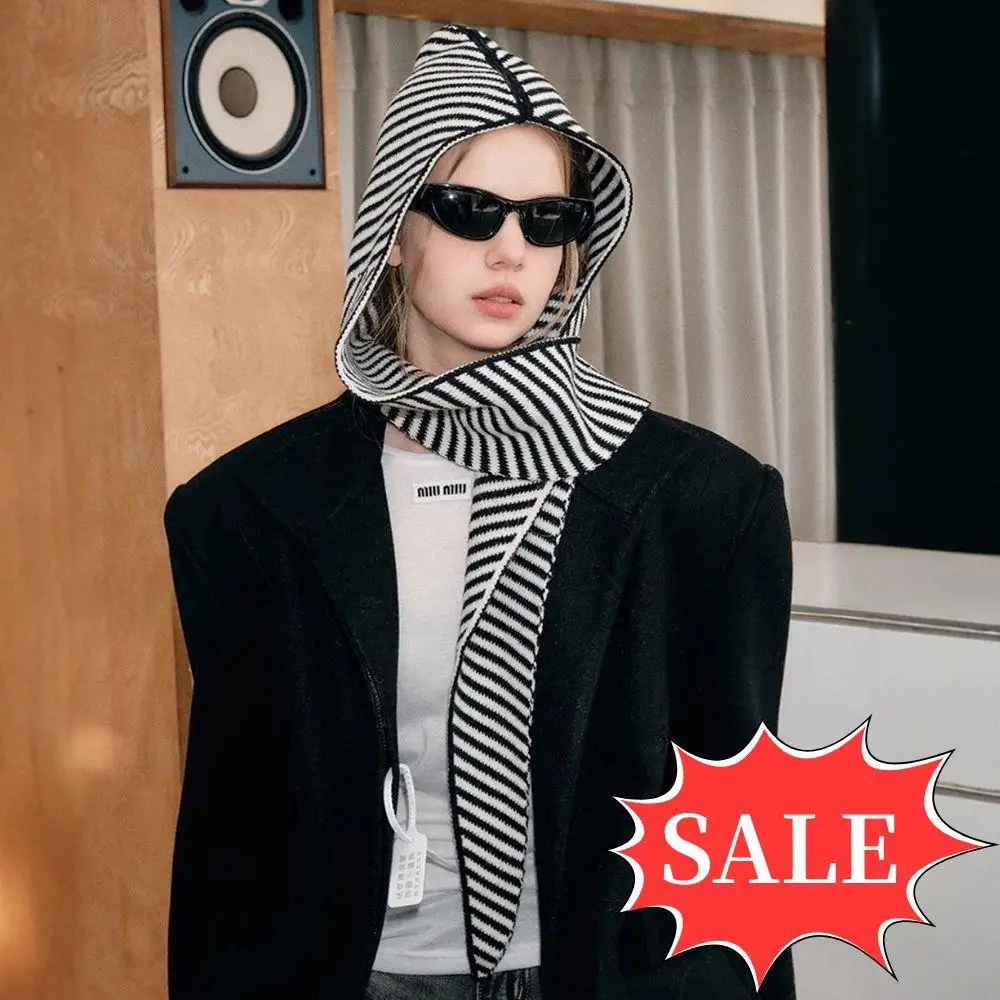 

Зимняя вязаная шапка с шарфом, женский корейский полосатый шарф, модная шаль на шею, шерстяная вязаная шапка, многофункциональный шарф с капюшоном