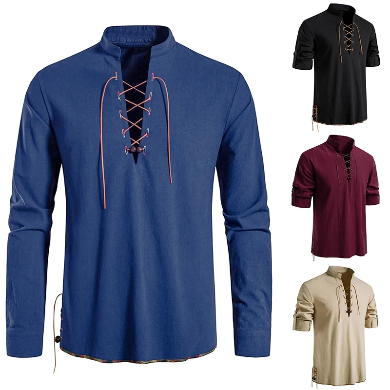 Camisa retro con cuentas y agujero de cobre para hombre, top de manga larga estilo hippie vikingo medieval, disfraz de Halloween, disfraz de juego de rol