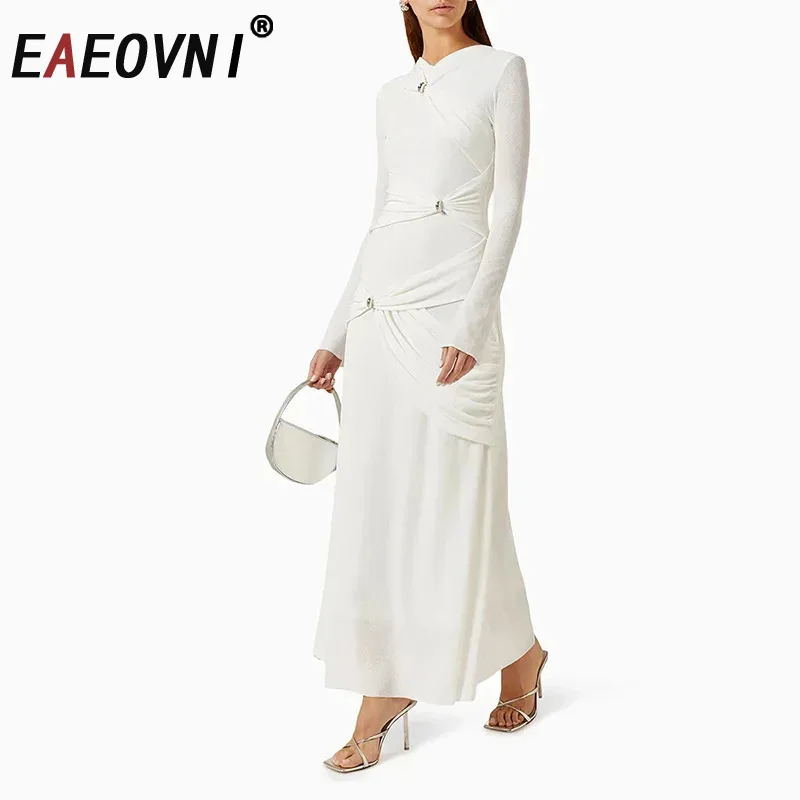 

EAEOVNI Elegant Folds Button Design Long Dress For Women Solid Color Slim Evening Party Dresses Fashion 2025 New Clothing