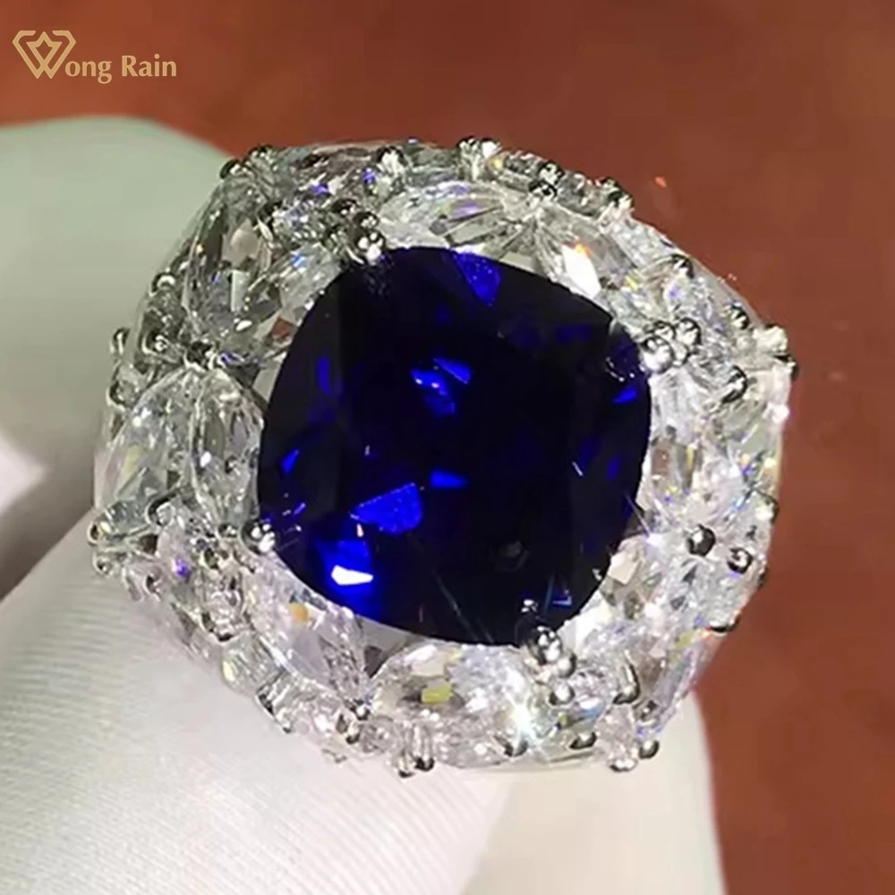 Wong Rain 925 Sterling Silver Cushion Cut 11 MM Sapphire High Carbon Diamond Gemstone Cocktail Party Ring for Women Fine Jewelry