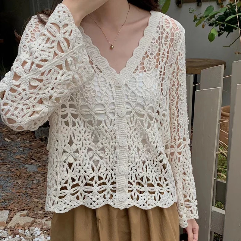 Women Spring Summer 2024 Lace Crochet Shirt Cardigans Long Sleeve Top Cropped Cardigan Knitted Cardigan Crop Top