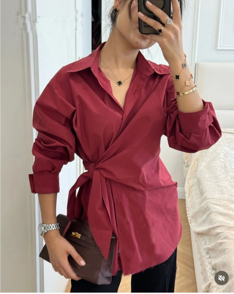 

Women's New Shirt Side Waist Tie Slim Fit Casual Long Sleeve Soild Shirt 2026 New Collection Autumn Fashion Loose Ropa Mujer