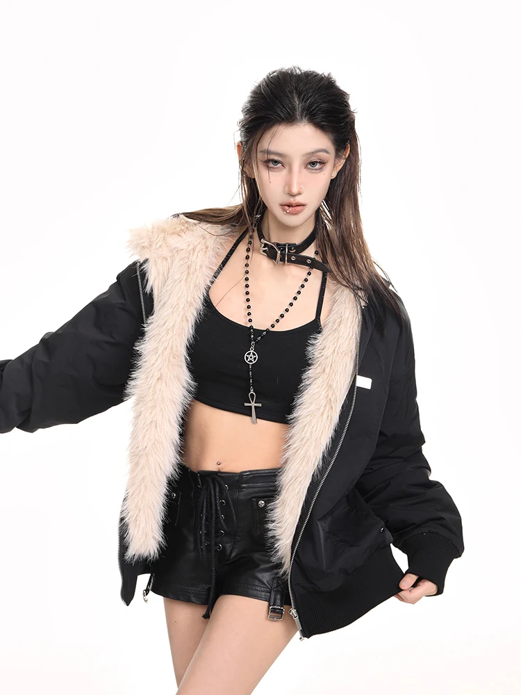 Winter Fashion Hooded Cotton Padded Jacket Female Y2K Harajuku Vintage Padded Coat Loose Thicken Warm Cotton-padded Tops