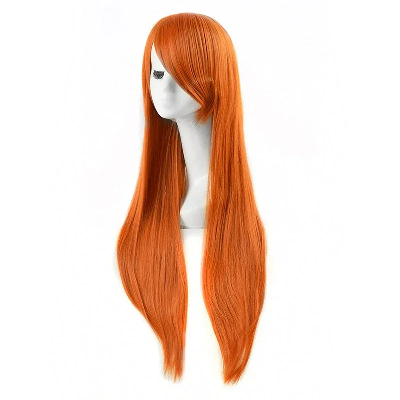 Peruka Cosplay Kim Possible Pomarańczowa Długa Prosta Modna Dziewczęca Peruka z Włosów Naturalnych z Grzywką na Bok z Włókna Termoodpornego na Festiwale i Imprezy