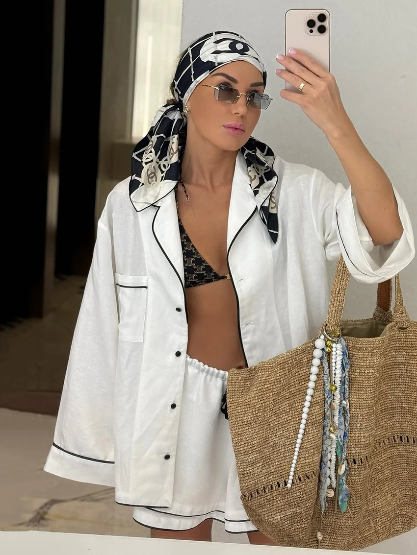 Marthaiqqi New 2025 Women Nightgowns Suit Sexy Turn-Down Collar Sleepwear Long Sleeve Nightwear Shorts Casual Ladies Nightie Set