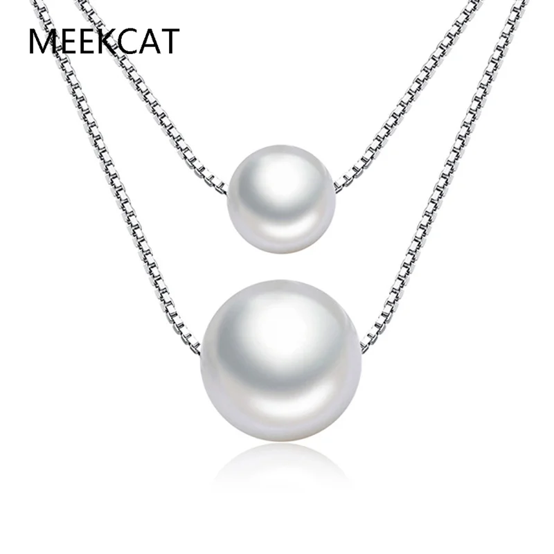 925 Sterling Silver Round Freshwater Pearl Pendant Necklace Double-layer Necklace Choker de Prata for Women Valentine's Day Gift