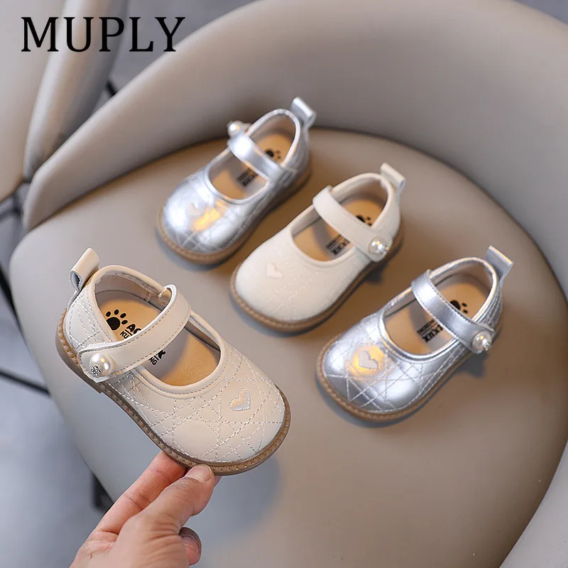 Girls Princess Leather Shoes Toddlers Baby Kids Flats T-strap Cut-outs with Heart Hollow Cute Sweet Soft 2024 Spring Autumn New