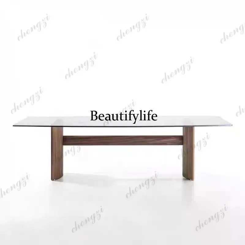 JJ132 Italian dining table modern office building rectangular solid wood conference desk glass tea table