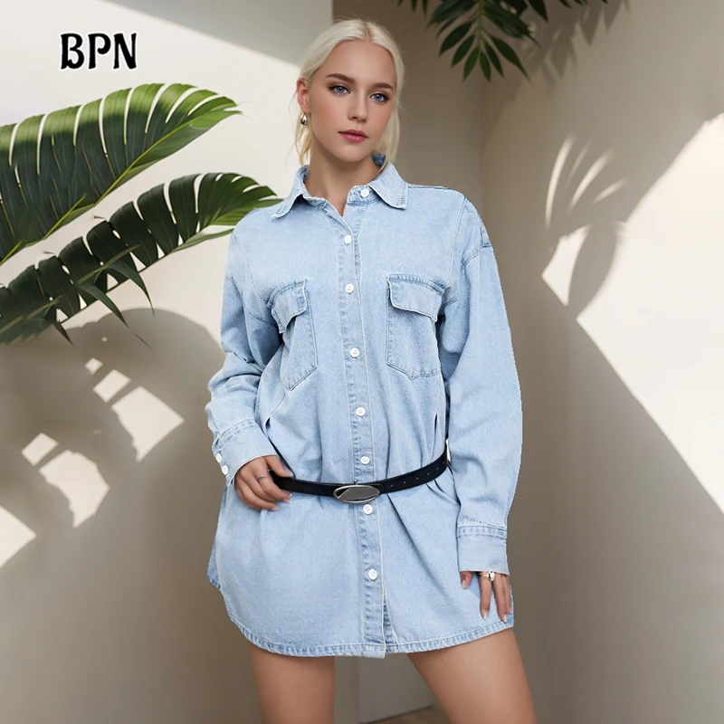 

BPN Minimalist Patchwork Belt Mini Dresses For Women Lapel Long Sleeve High Waist Spliced Single Breasted Denim Dress Female New