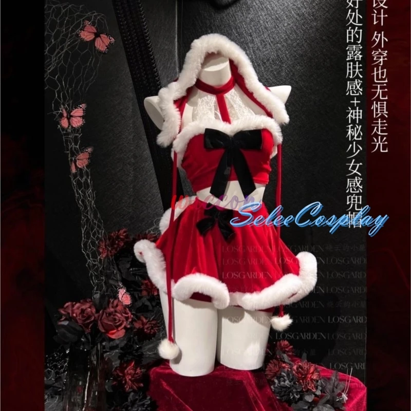 Christmas Costumes for Women Hanging Neck Top with Hat Fancy Dress Set Xmas Party Adult Red Hat Santa Cosplay Costume