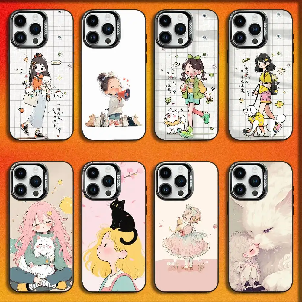 

Cartoon Lovely Girl Dog Cat Phone Case For iPhone 16,15,14,13,12,11,Mini,Pro,E,MAX Black Candy Matte Shockproof Cover
