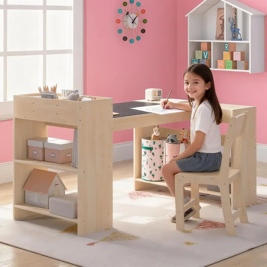 مجموعة طاولة فنية وكرسي واحد، طاولة حرفية للأطفال مع مساحة تخزين من الورق الملفوف، مجموعة خشبية قابلة لتعديل الارتفاع للأطفال الصغار، أزياء النشاط #2