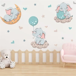 Happy Elephant Family Sleeping On Cloud Moon Wall Stickers For Kids Bedroom Home Decoration Animal Mural Art Pvc Decals Poster