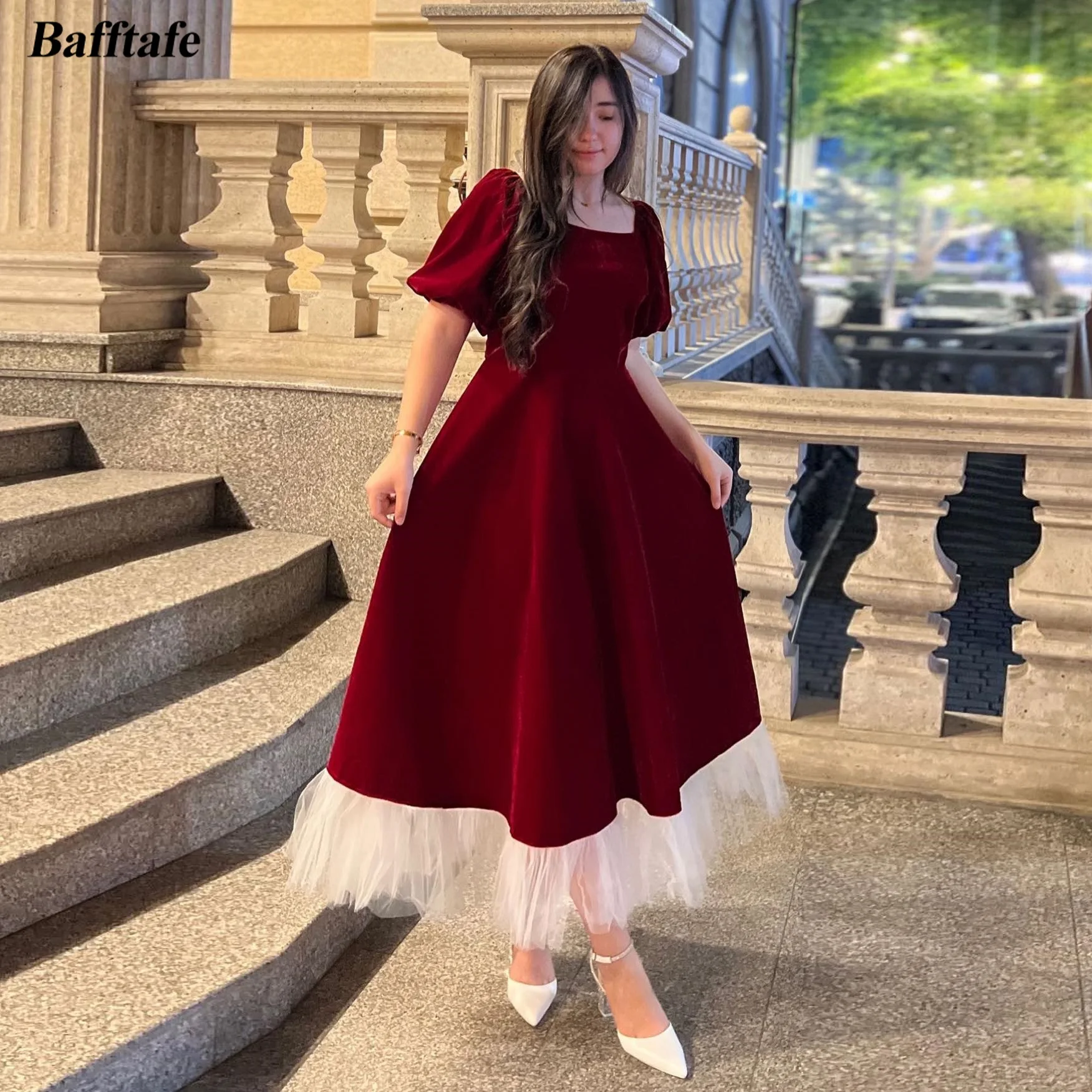 

Bafftafe Burgundy Velvet Midi Prom Dresses Korea Lady A Line Short Sleeves Women Formal Homecoming Party Dress Evening Gowns