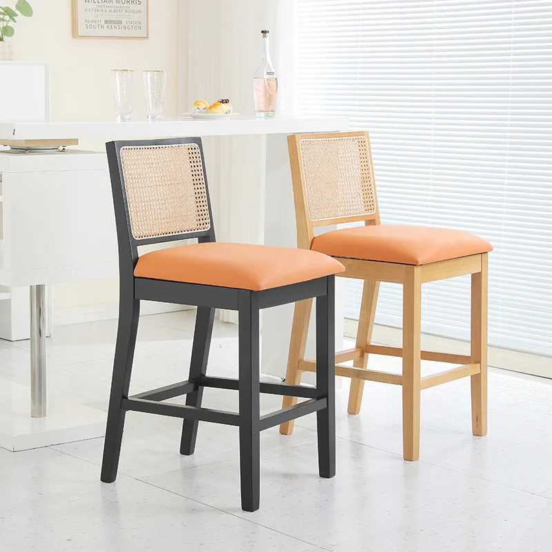 Wabi-sabi style rattan high bar chair vintage bar café home non-slip silent solid wood detachable model
