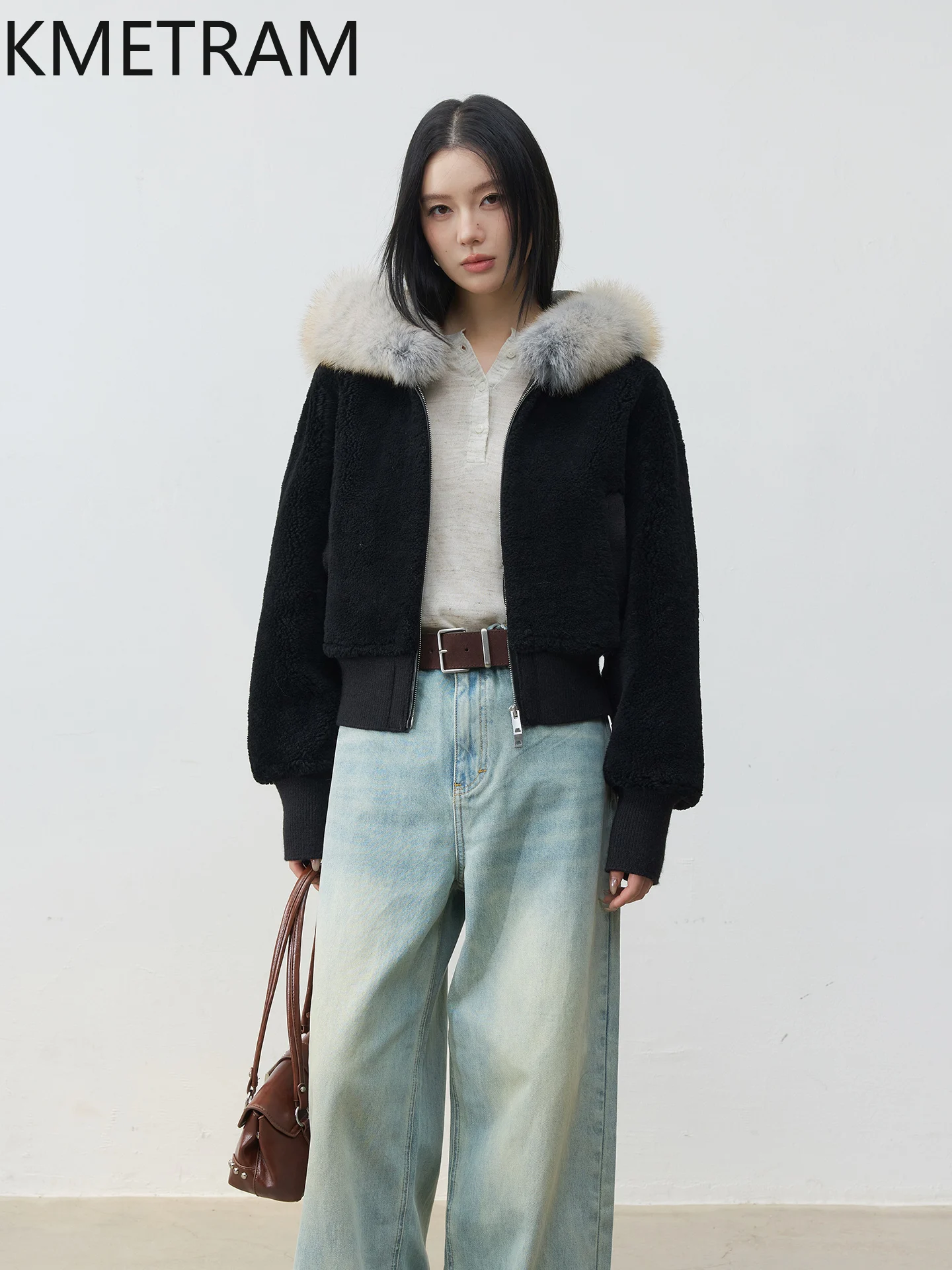 KMETRAM Natural Merino Sheepskin with Wool Attached Coat Hooded Woman Short Real Fur Jacket with Fox Collar 2025 Winter Clothes
