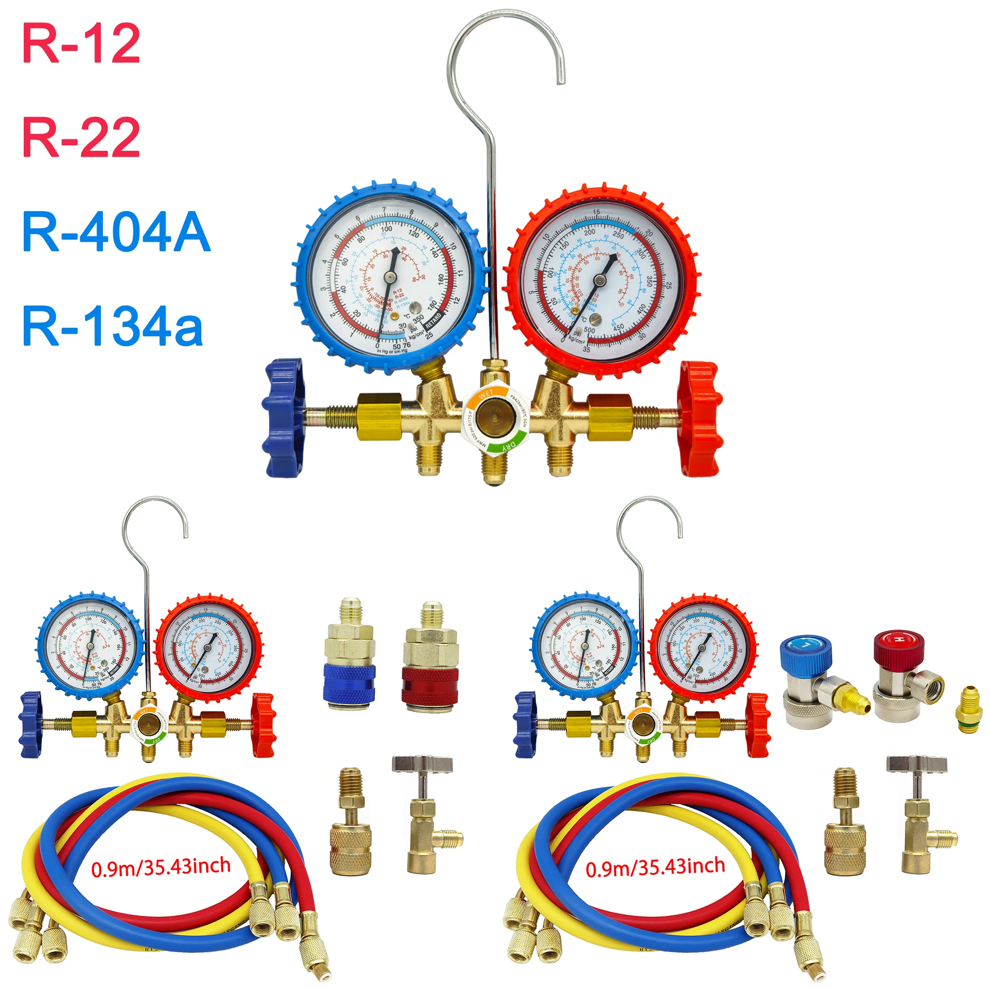 3-Way AC Manifold Gauge Set w/ Hoses for R12/R22/R404A/R134a | Automotive HVAC Refrigerant Diagnostic Tool