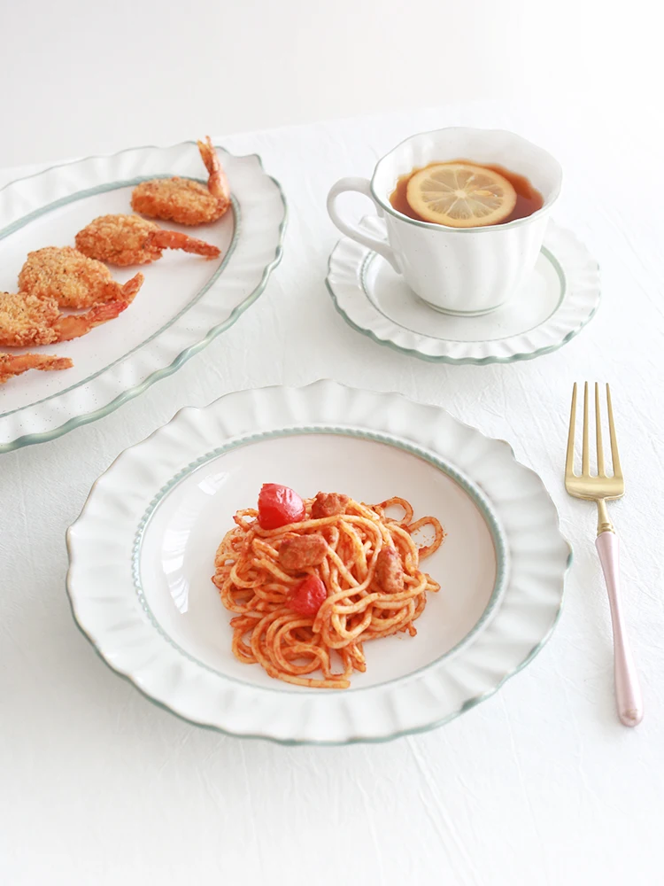 

Романтический кружевной набор посуды для ужина: тарелки, суповые миски, кофейные чашки, круглые глубокие тарелки ручной работы