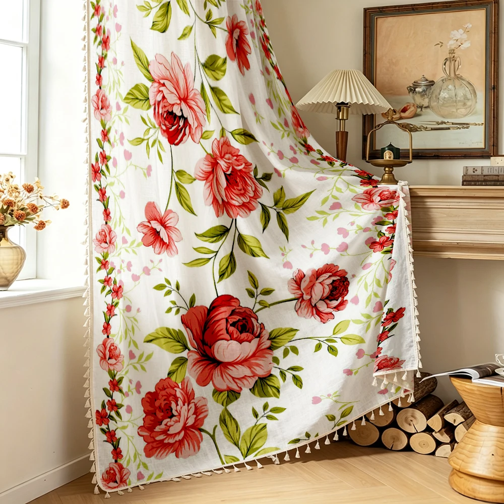 1PC Floral Tassel Sheer Curtains, Pink Peony Flower Vine Elegant, Digital Print, Polyester, Bedroom Living Room Home Decor