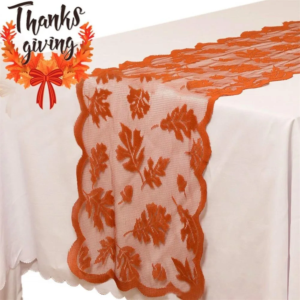 Thanksgiving Table Runner Maple Leaf Pattern Washable Autumn Tablecloth Orange Lace Design Lace Fall Tablecloth Harvest Season