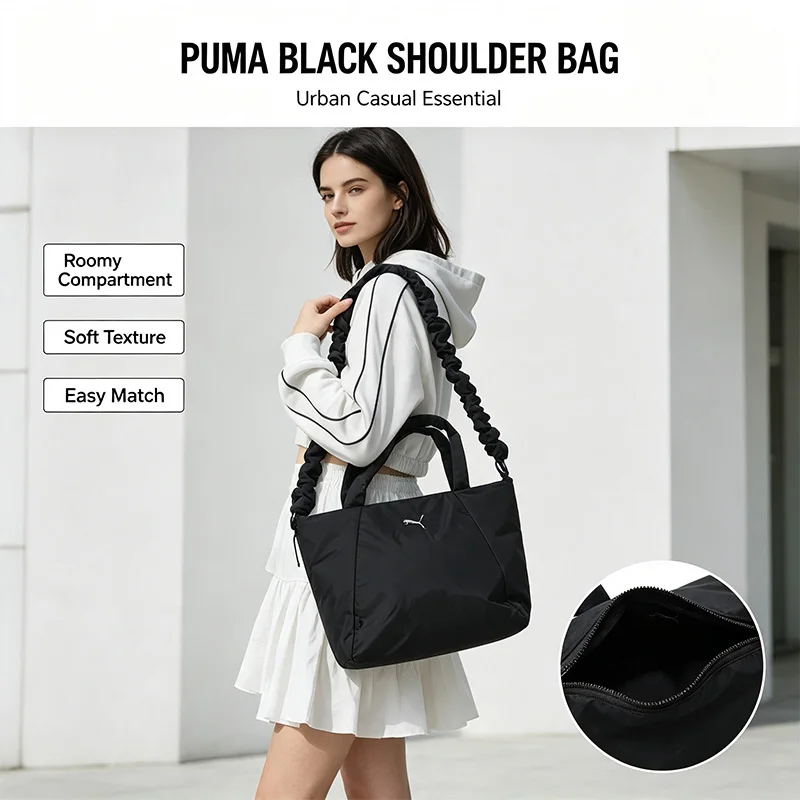 Puma Sport Crossbody Bag Black Shoulder Bag Adjustable Strap Lightweight Durable Versatile Daily Street Style Women Casual Purse