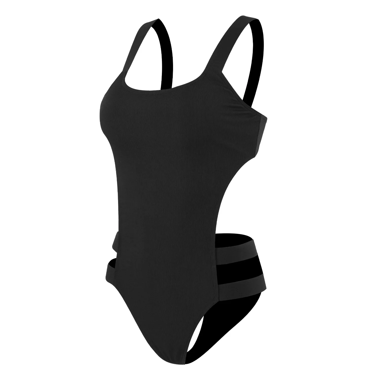 

Women's Black Ribbed One Piece Swimsuit Sexy Side Cutout Tummy Control Monokini Adjustable Straps Beach Bathing Suit