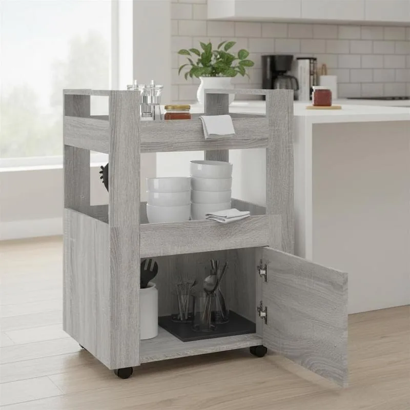 Chariot de cuisine gris Sonoma 60x45x80 cm en bois, chariot de rangement utilitaire pour l'organisation de la cuisine, de la salle à manger, du salon, de la cave, chariot de rangement roulant