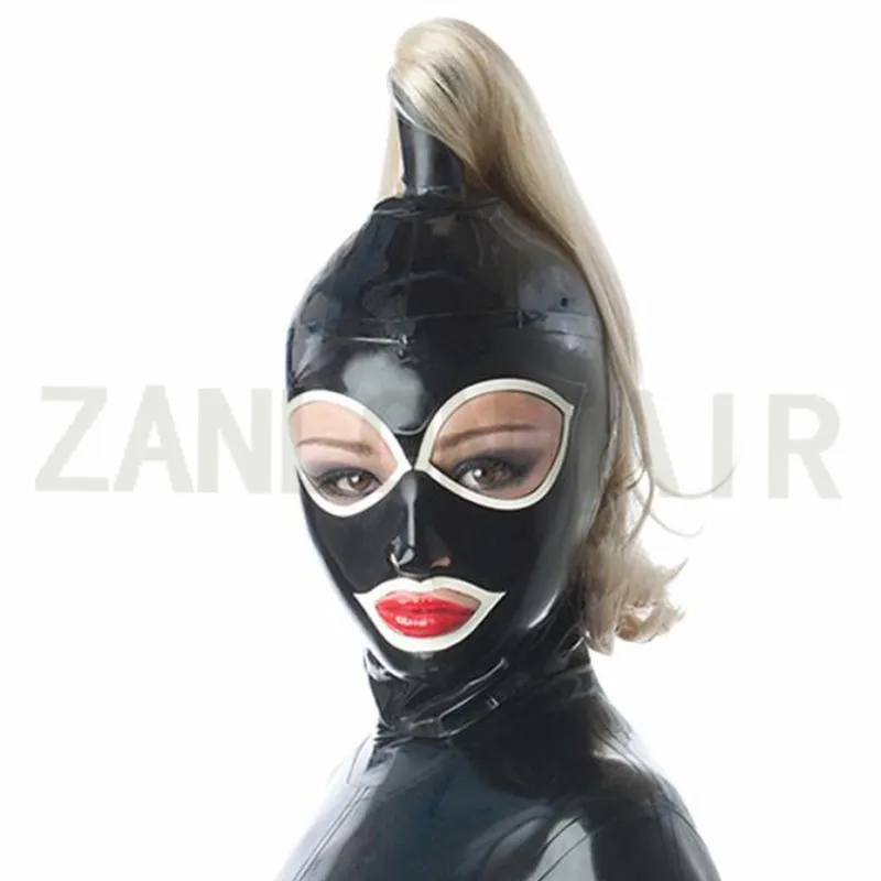 

Exotic Adult Sexy Lingerie Handmade Latex Black Hoods Mask with Blonde Wig Tress Uniform Fetish Costume Back Zipper Customize