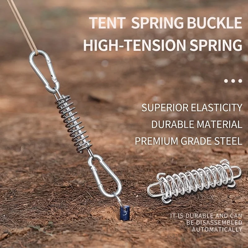 Tensor de tienda de campaña con cuerda de acero inoxidable, accesorios de resorte, hebilla, clavijas para tienda de campaña, clips, tensor de toldo y gancho fijo