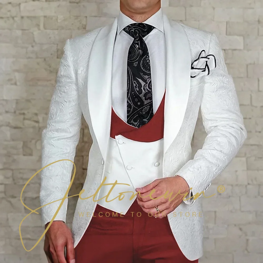 White Jacquard Men's 3-piece Suit Set Formal Party Dress Groom's Tuxedo High Quality Groomsmen Men's Wedding Outfit