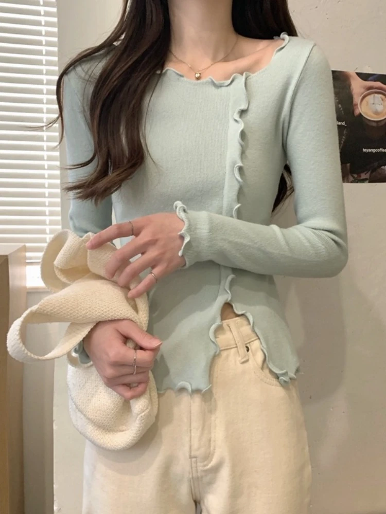 Casual Slim Ear Fungus Edge Long Sleeve Side Slit Pullover 2025 Autumn Winter Women Knitted Sweaters Femme Solid Tops Clothing