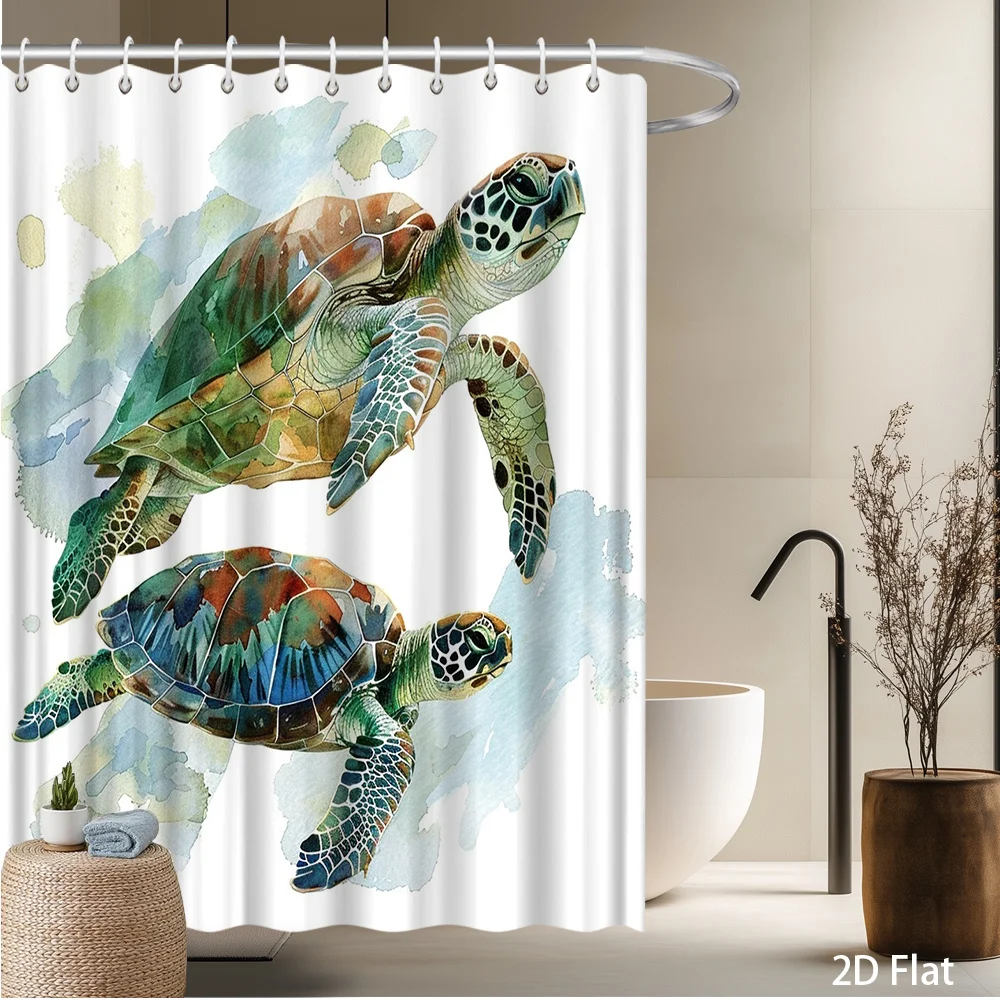Watercolor Sea Turtle Shower Curtain – Ocean-Themed Art, Swimming Turtles on White Background, Polyester, Includes Hooks