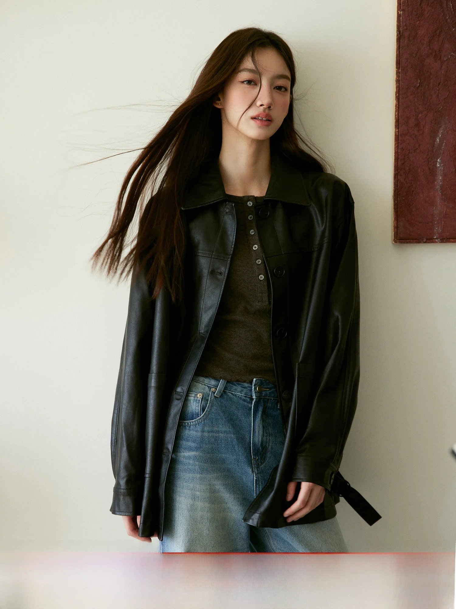 Retro high-end bla lederen jaet damesjas middellange turn-down kraag windjack bovenkleding van het merk RPB