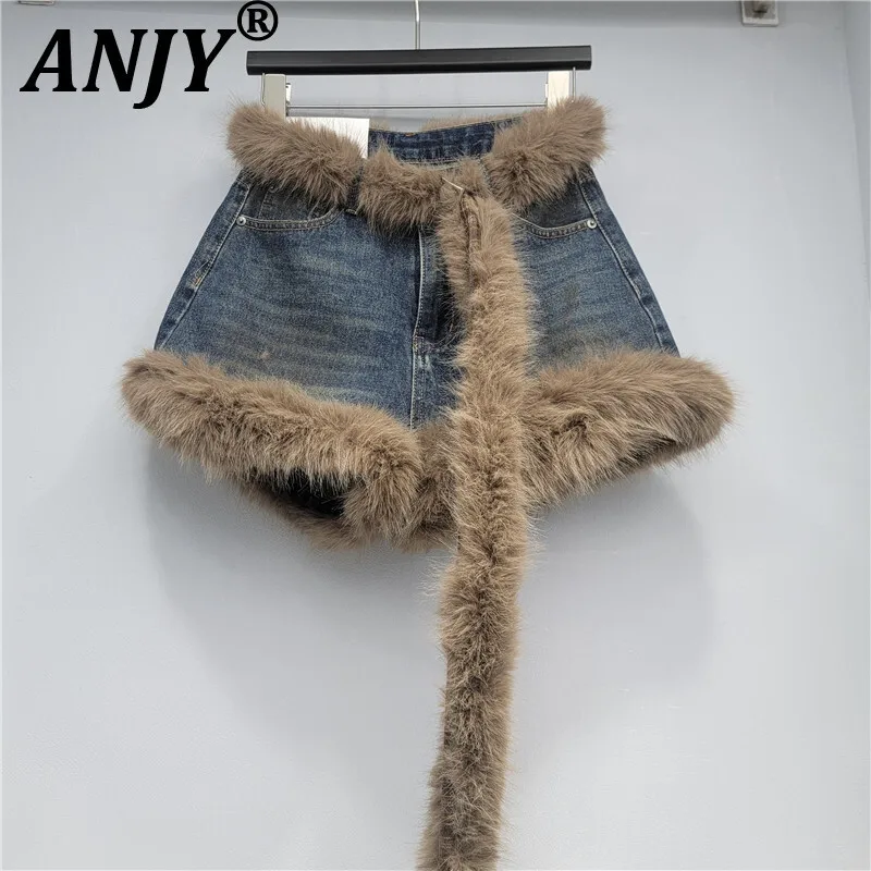 

ANJY, осенние новые женские модные меховые лоскутные джинсовые шорты для горячих девушек, стильные сексуальные шикарные облегающие шорты Y2K A15870