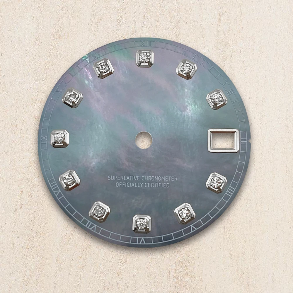 28.5mm S Logo Dial Pearl Shell Diamonds Suitable For NH35/NH36 Automatic Movement Watch