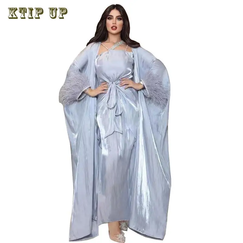 

Women's Chiffon Open Abaya Kimono Eid Mubarak Dubai Turkey Islam Kaftan Muslim Women's Feather Iron and Drill Three Piece Dress