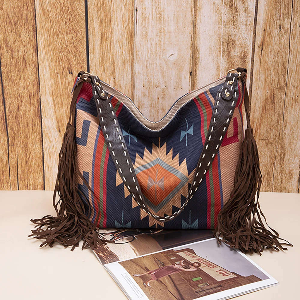 Woman Bags 2023 Trend Female Handbag Hand Made Grassland Canvas Sac Linen One Shoulder Bohemian Style Crossbody Bags Tassel