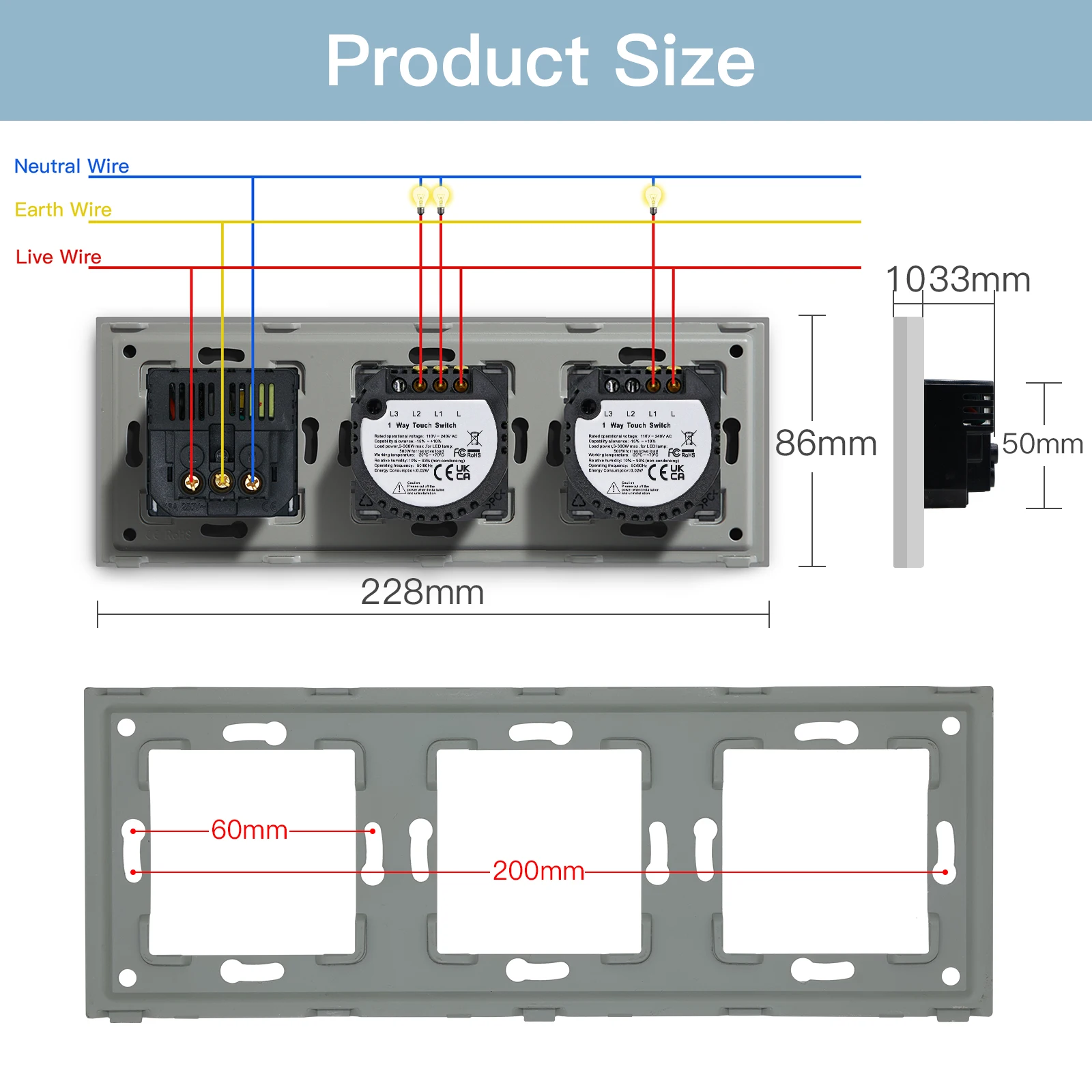 BSEED EU Standard 1/2Gang 1Way Wall Sensor Touch Switch With EU USB Wall Socket Phone Charge Type-c Glass Panel Led Light Switch