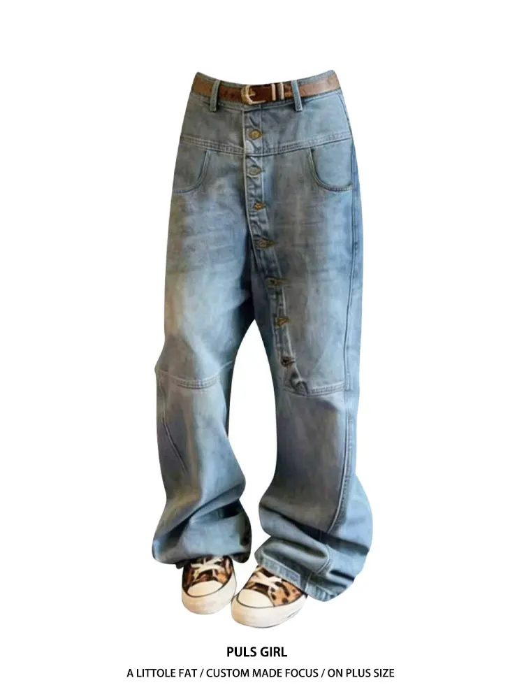 

American Style Large Size Vintage Washed Button Front Knife Jeans Women Loose Wide Leg Long Pants Casual High Waist