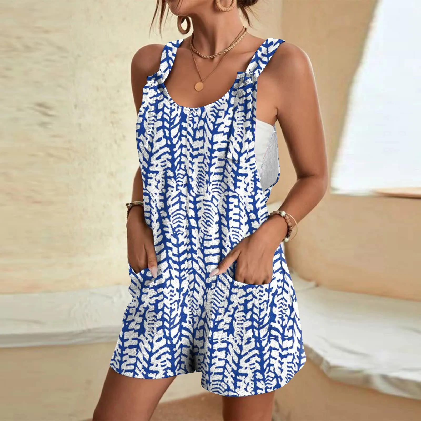 

Women’s Fashion Tank Short Jumpsuit Summer Casual Fashionable Sleeveless Printed Pocket Jumpsuit Shorts Jumpsuit Overalls